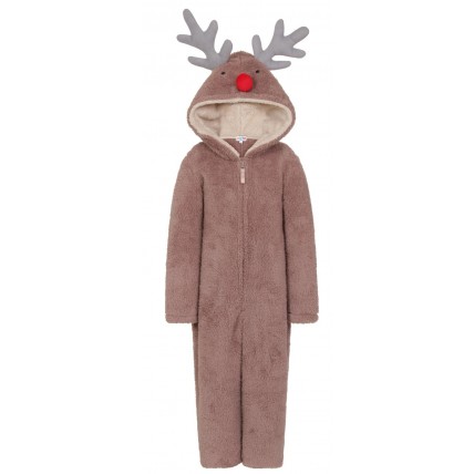 Boys Girls Novelty Reindeer All In One Kids Hooded Fleece Zip Jumpsuit Xmas Gift