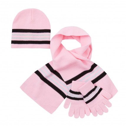 Girls Striped Glitter Woolly Hat + Scarf + Gloves Winter Warm Set Kids Xmas Gift
