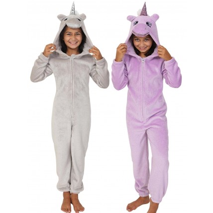 Girls 3D Glitter Unicorn All In One Teens Dress Up Costume Fleece Xmas Jumpsuit