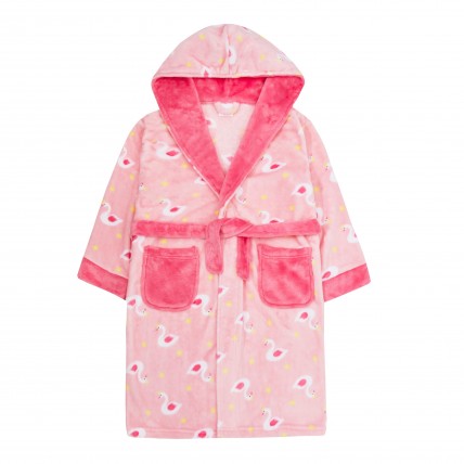 Girls Swan Print Hooded Fleece Dressing Gown Kids Soft Plush Bathrobe Gift Size