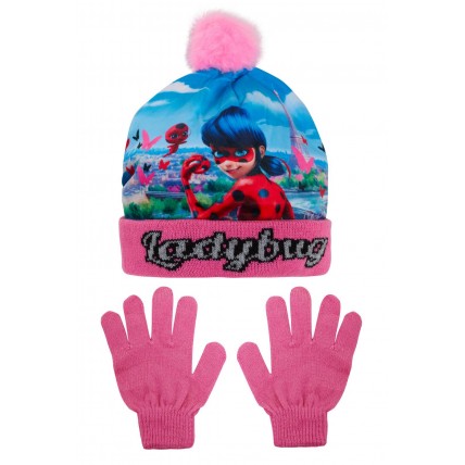 Girls Miraculous Ladybug Woolly Bobble Hat + Gloves Winter Set Kids Xmas Gift