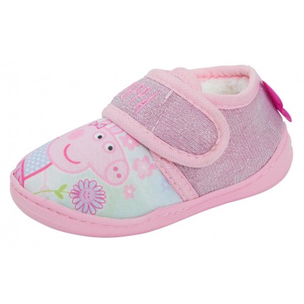 Girls Peppa Pig Glitter Pink Fleece Lined Slippers House Shoes