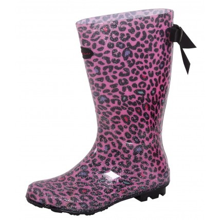 Girls Leopard Glitter Wellingtons Kids Bow Wellington Boots Rain Snow Shoes Size