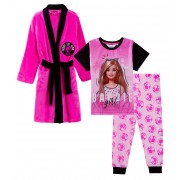 Girls Barbie Dressing Gown + Pyjamas 3pc Matching Set Kids Pink Bathrobe + Pjs