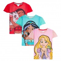 Girls 3 Pack Disney Princess T-Shirts Kids Jasmine Moana Rapunzel Short Tees Top