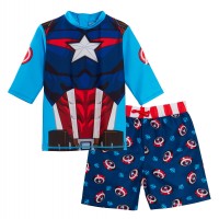 Captain America Swim Shorts + Rash Vest Set Kids Marvel Sunsafe Swimming Set